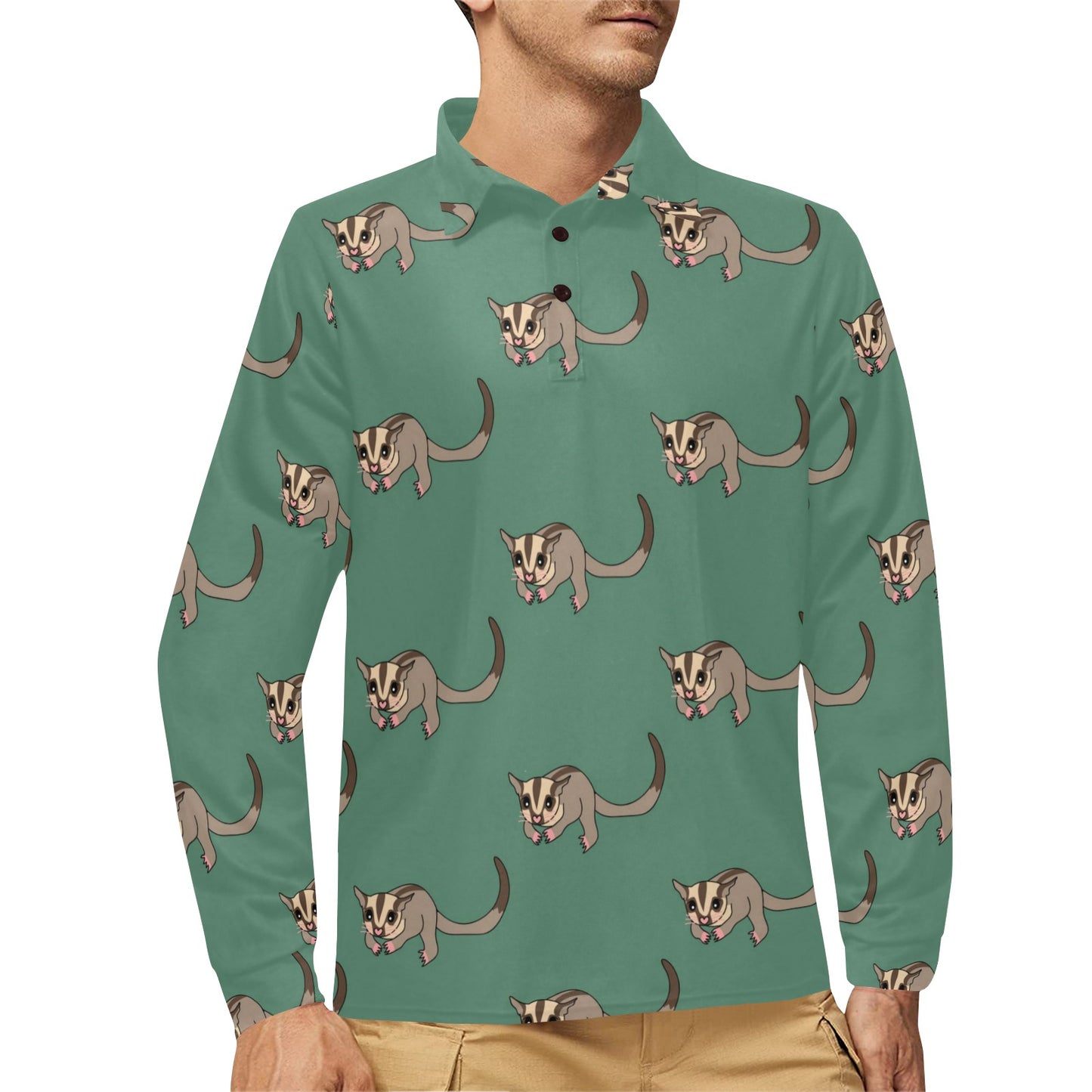 Sugar Glider Pattern Print Design 01 Long Sleeve Polo Shirt For Men's