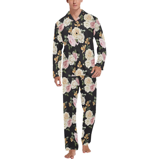 Rose Pattern Print Design A01 Men's Long Pajama Set