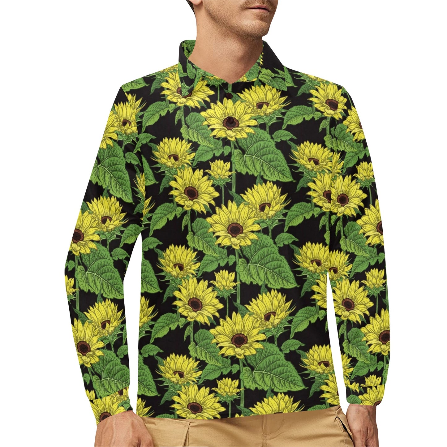 Sunflower Print Design LKS3010 Long Sleeve Polo Shirt For Men's