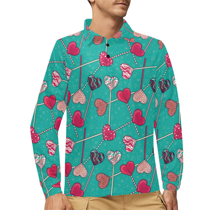 Lollipop Pattern Print Design LL01 Long Sleeve Polo Shirt For Men's