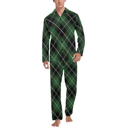 Plaid Green Pattern Print Design A05 Men's Long Pajama Set