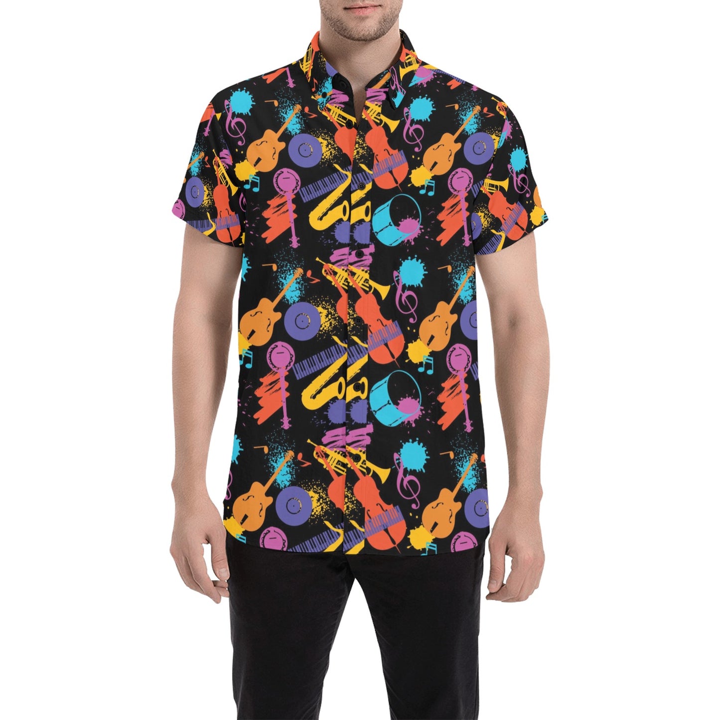 Saxophone Print Design LKS406 Men Short Sleeve Button Up Shirt