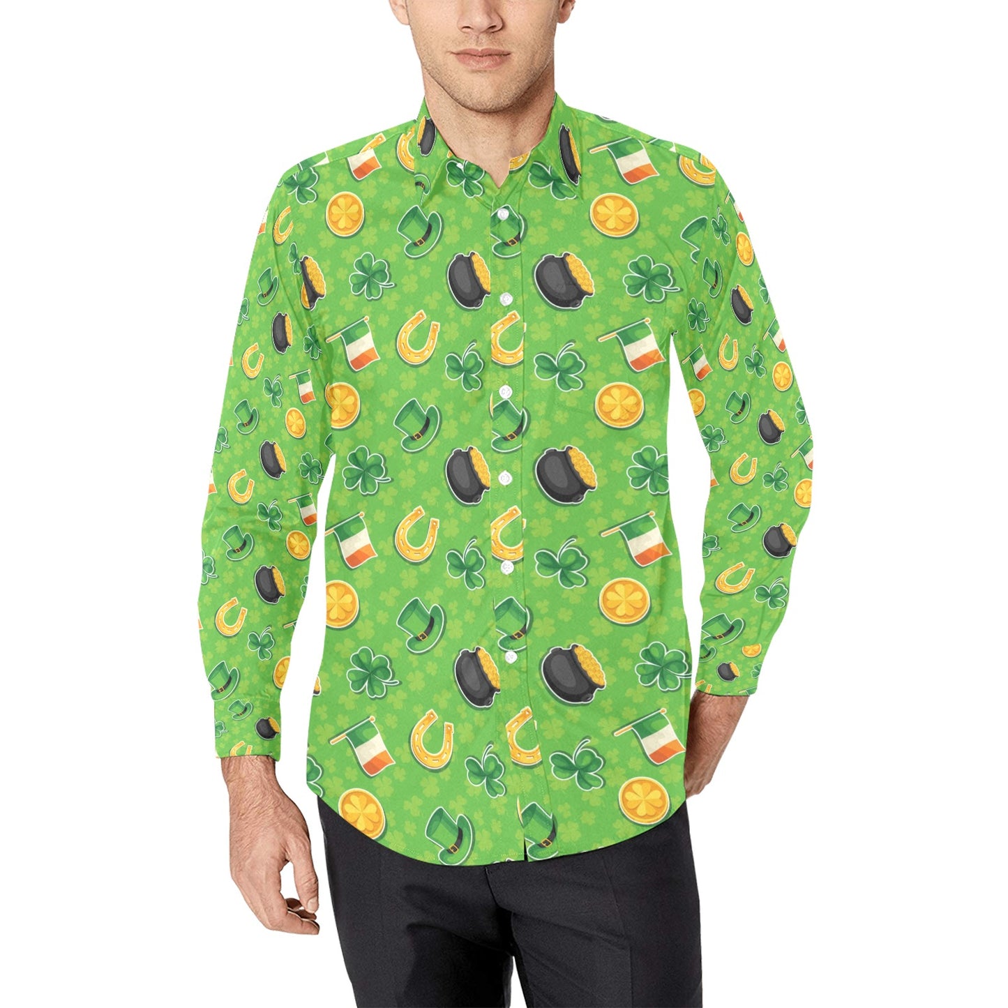 Shamrock Saint Patrick's Day Print Design LKS302 Men's Long Sleeve Dress Shirt