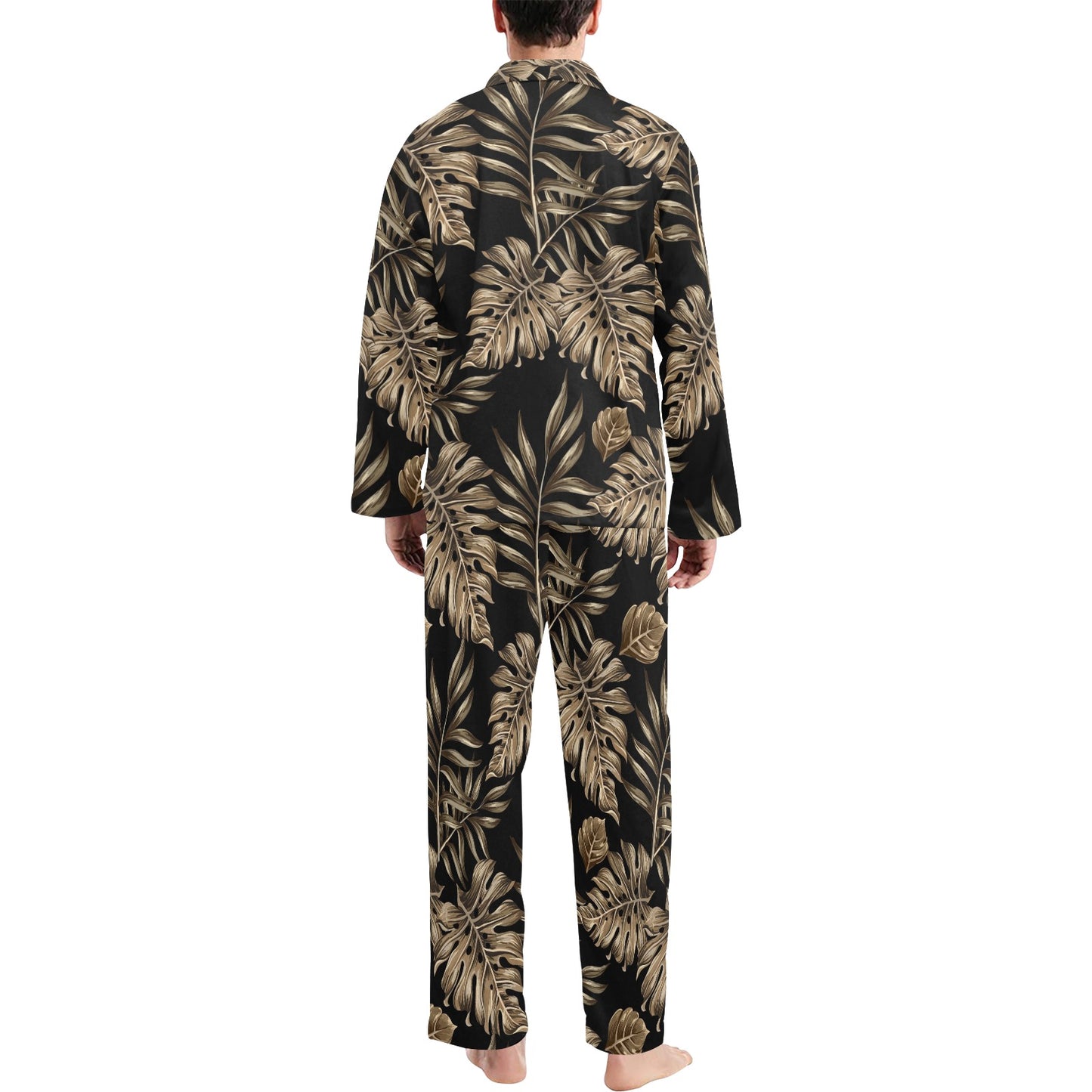 Brown Tropical Palm Leaves Men's Long Pajama Set