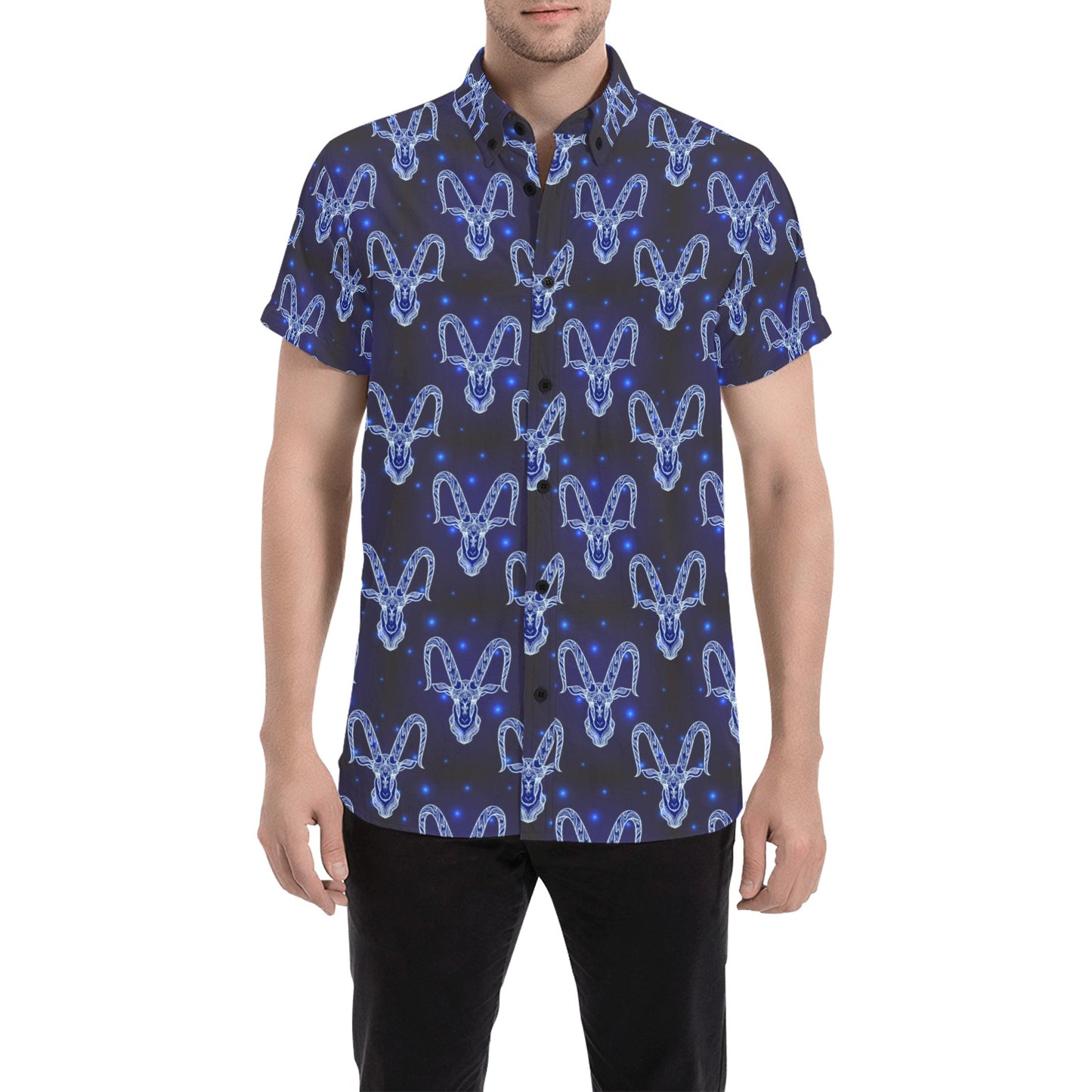 Goat Print Design LKS401 Men Short Sleeve Button Up Shirt