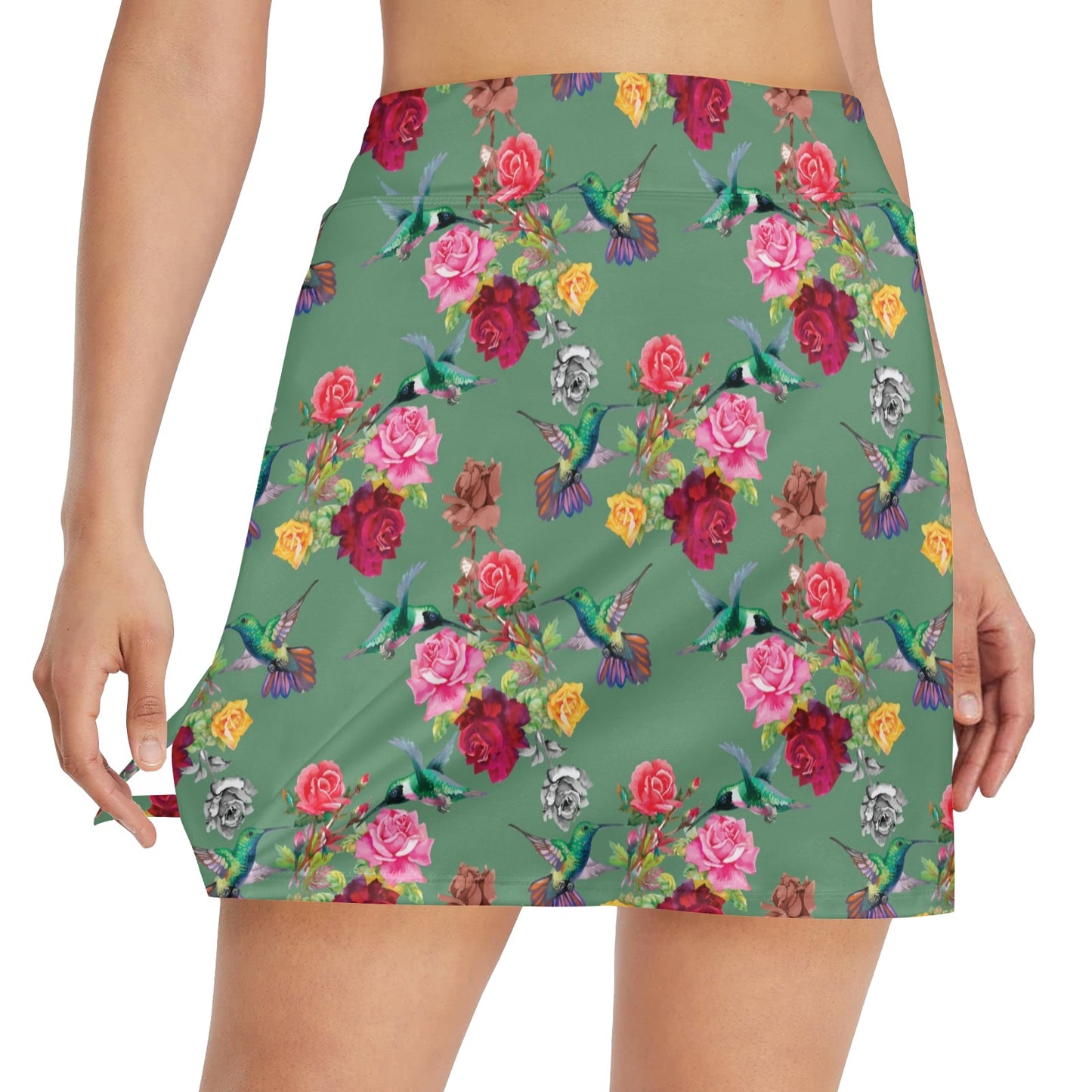 Hummingbird with Rose Themed Print 17" Golf & Pickleball Skort with Pockets