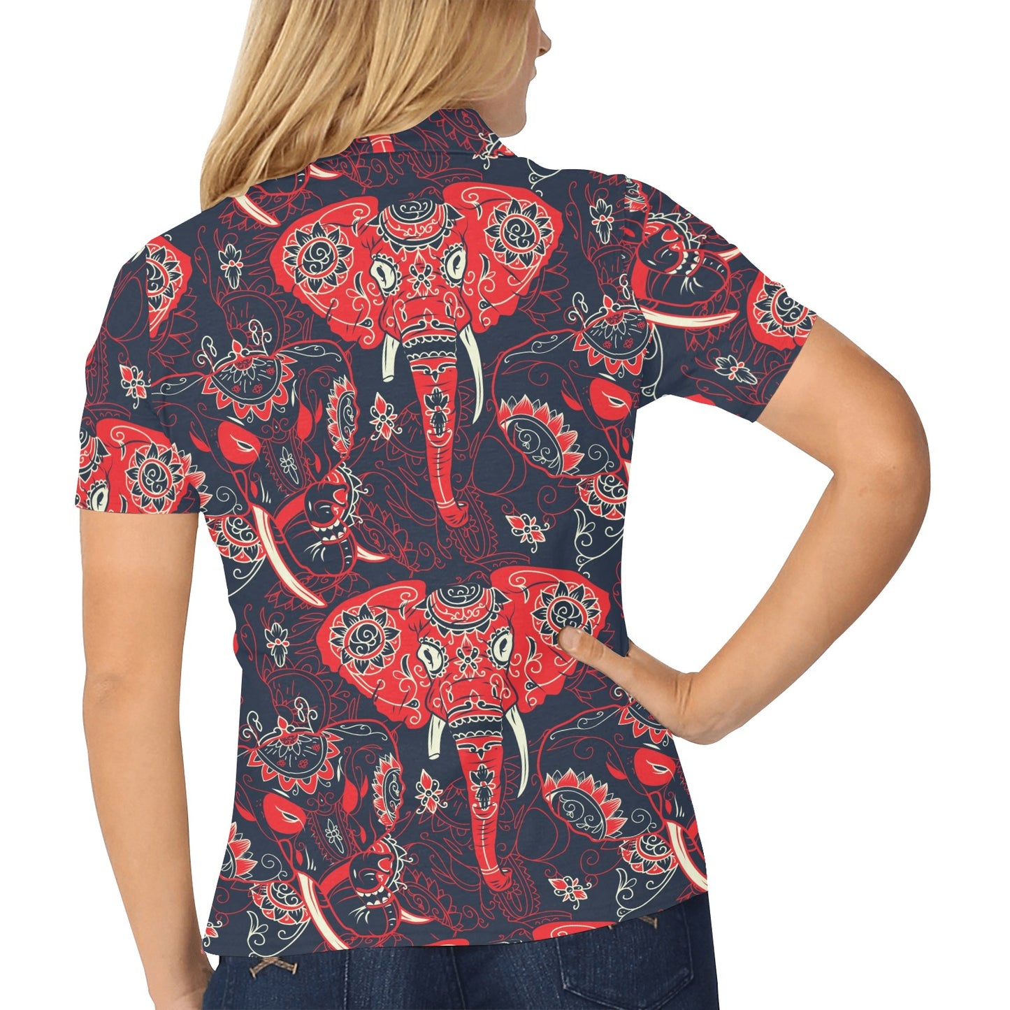 Red Indian Elephant Pattern Women's Polo Shirt