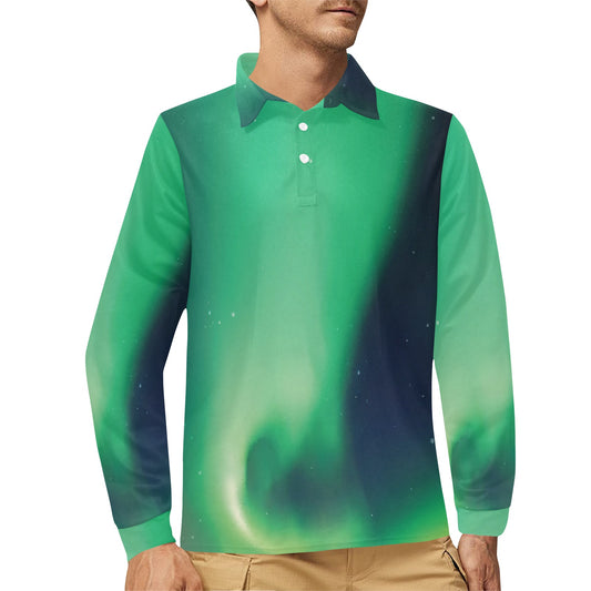 Aurora Borealis Pattern Print Design 04 Long Sleeve Polo Shirt For Men's