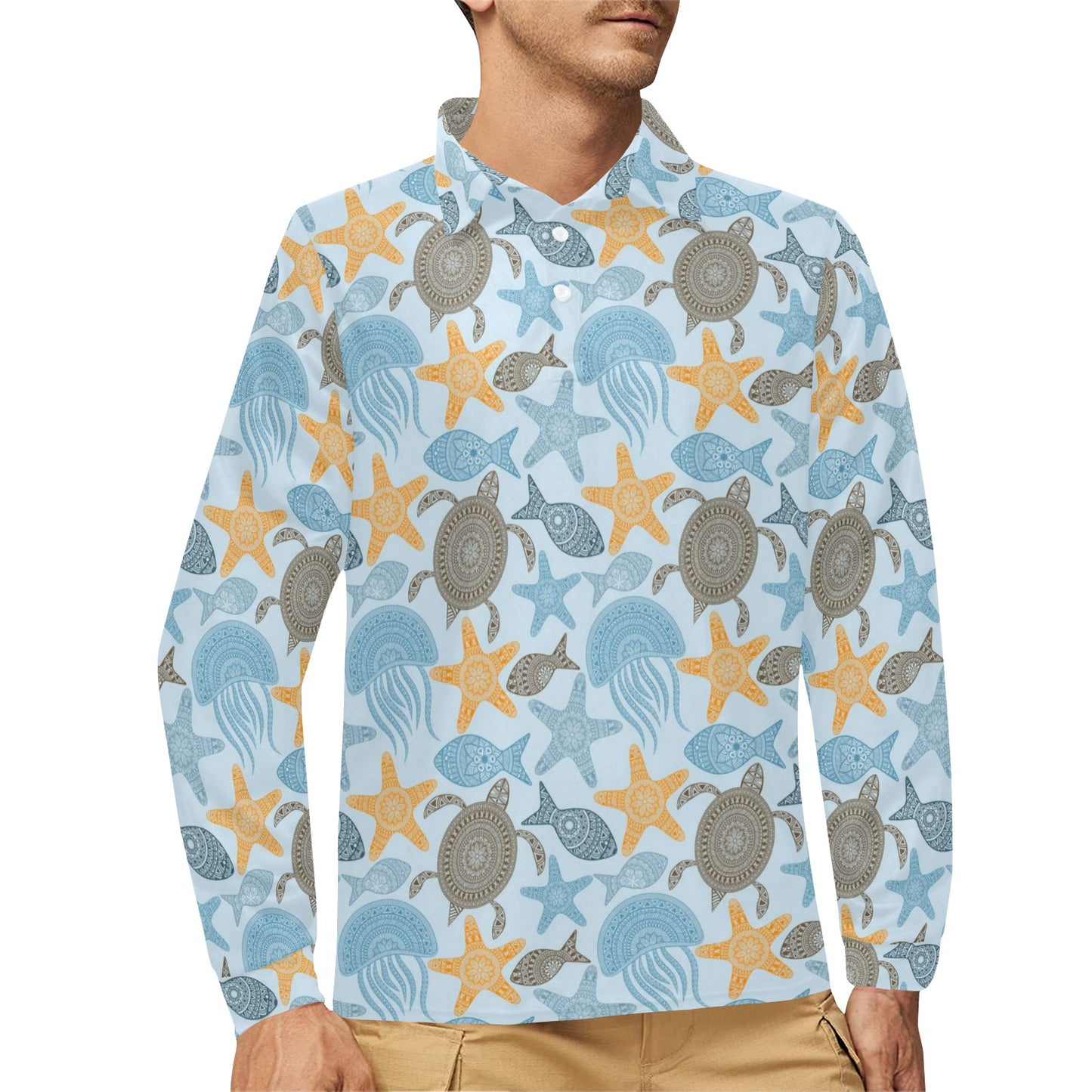 Polynesian Jellyfish Turtle Print Long Sleeve Polo Shirt For Men's