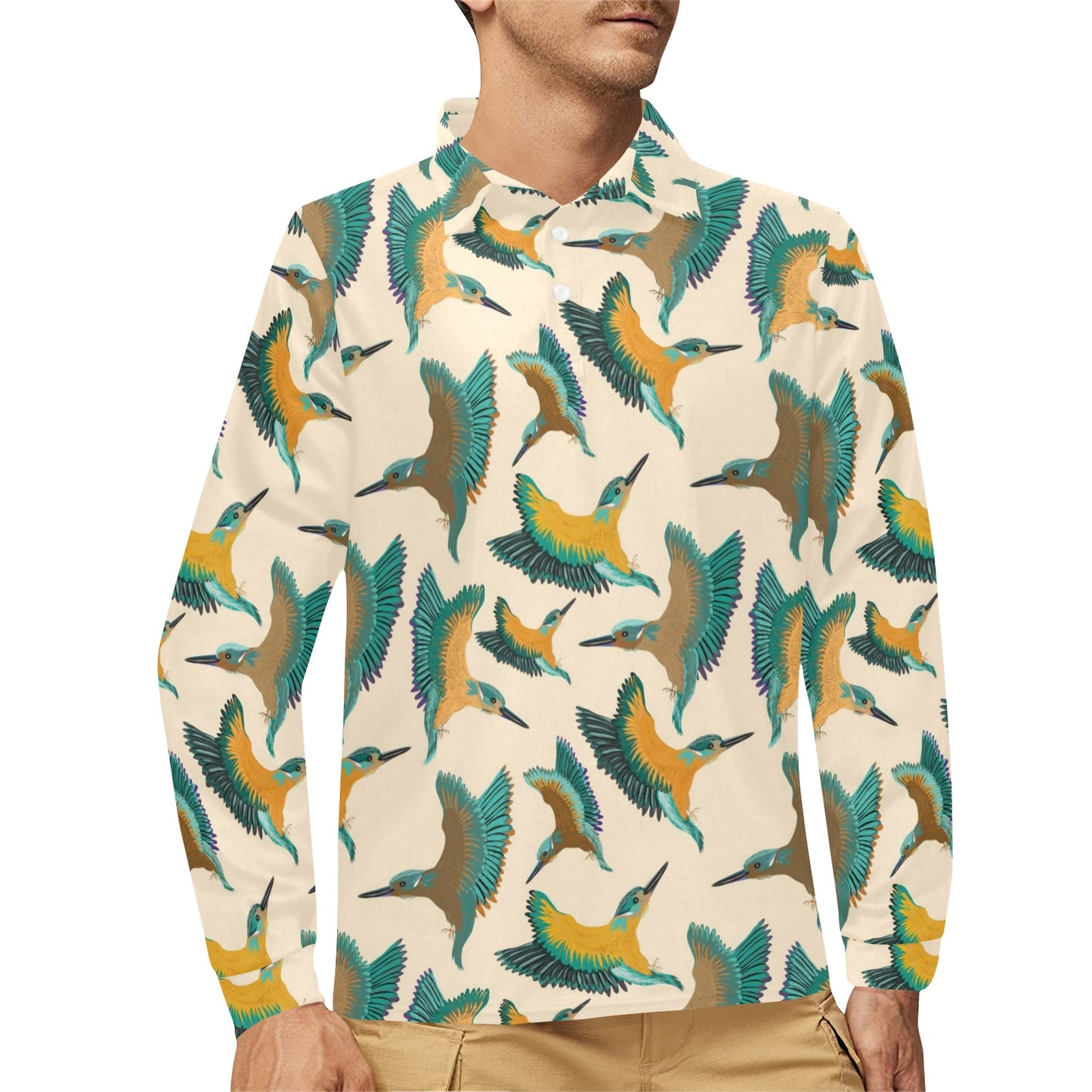 Kingfisher Pattern Print Design 02 Long Sleeve Polo Shirt For Men's