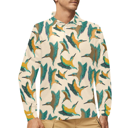 Kingfisher Pattern Print Design 02 Long Sleeve Polo Shirt For Men's