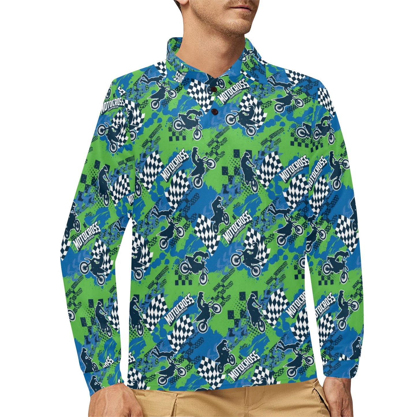 Motocross Pattern Print Design 04 Long Sleeve Polo Shirt For Men's