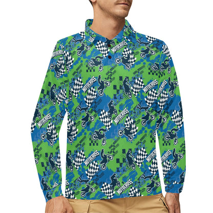 Motocross Pattern Print Design 04 Long Sleeve Polo Shirt For Men's