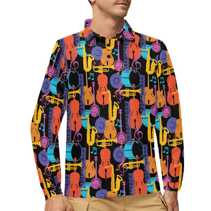 Jazz Pattern Print Design 03 Long Sleeve Polo Shirt For Men's