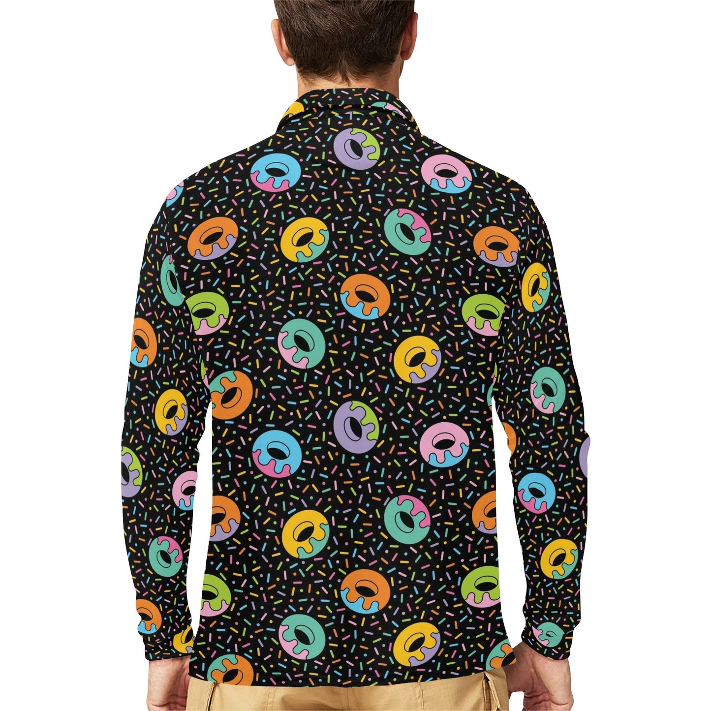Donut Pattern Print Design DN012 Long Sleeve Polo Shirt For Men's