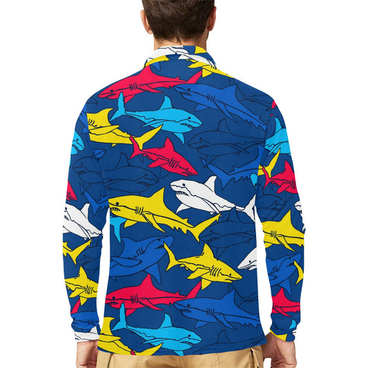 Shark Color Pattern Long Sleeve Polo Shirt For Men's