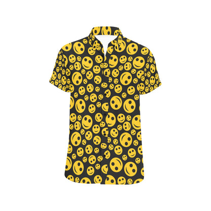 Smiley Face Emoji Print Design LKS304 Men Short Sleeve Button Up Shirt