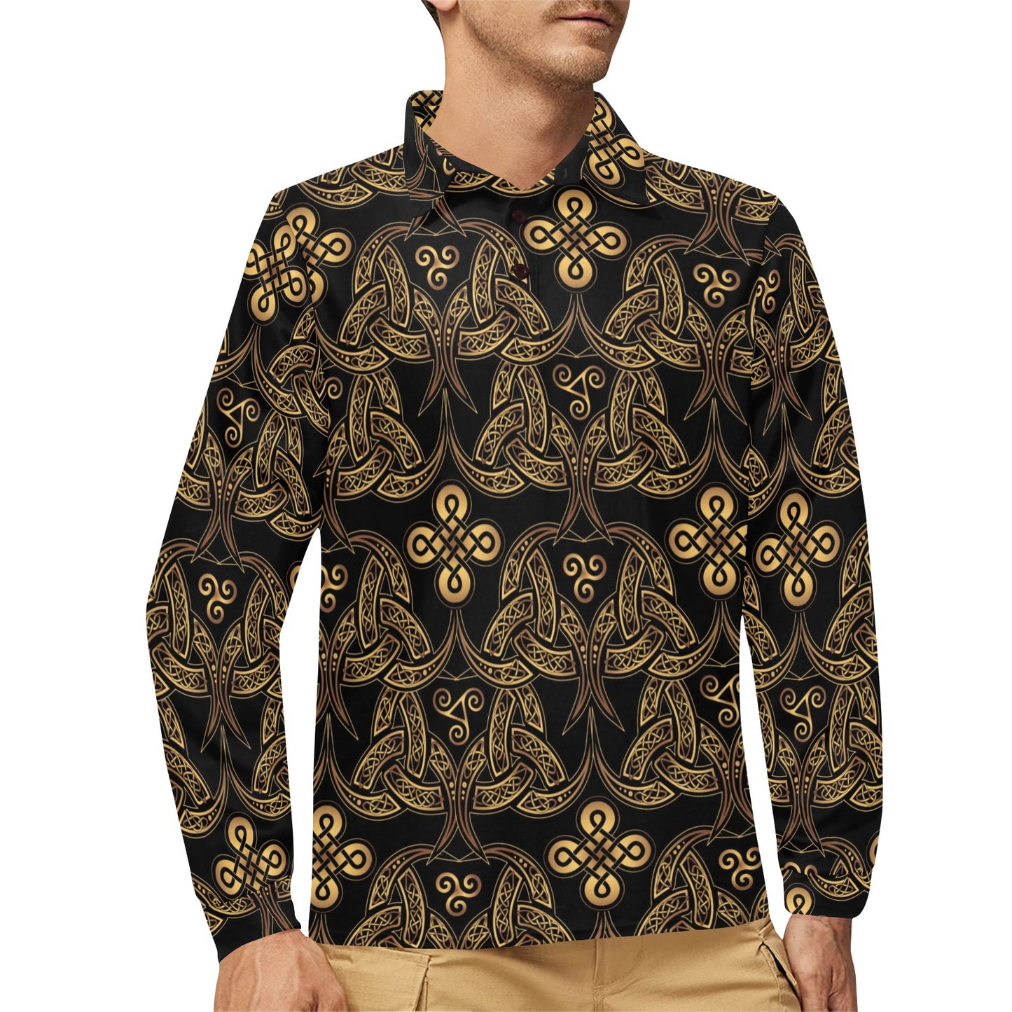Celtic Knot Gold Design Long Sleeve Polo Shirt For Men's