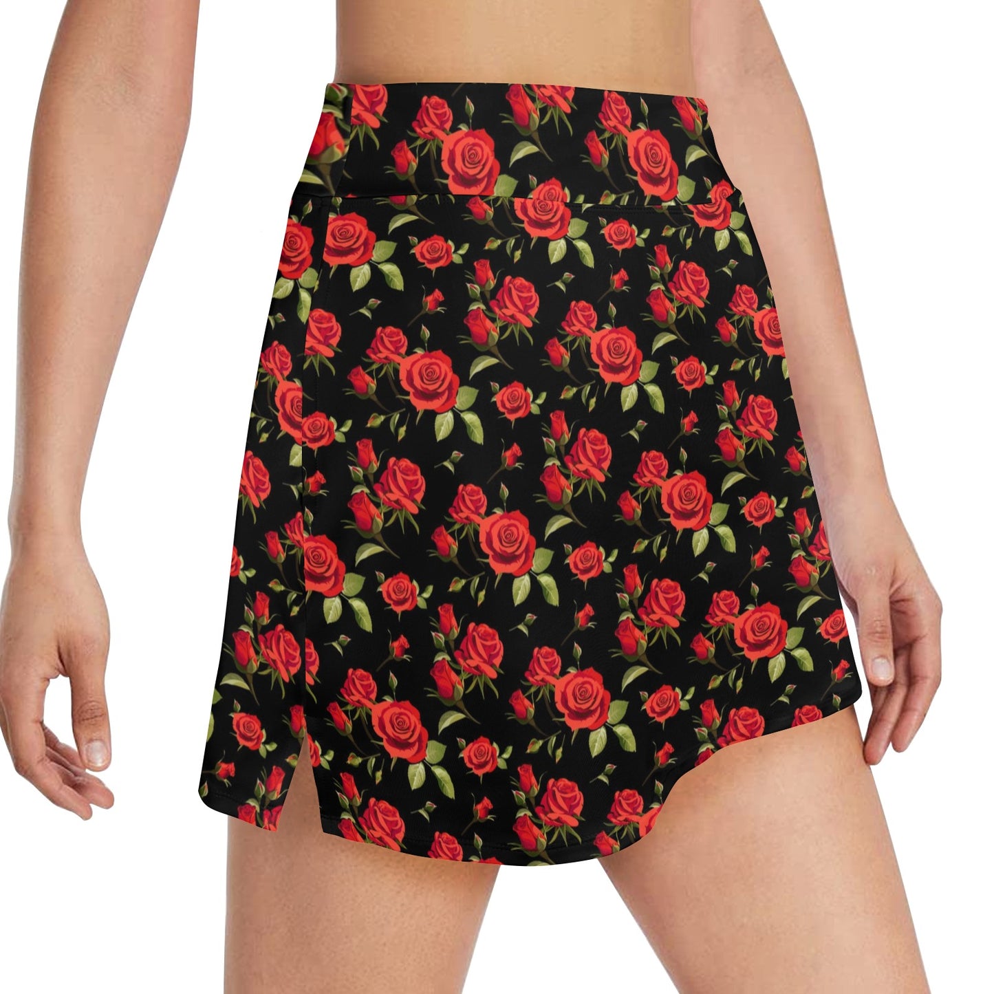 Red Rose Themed Print Women's Golf Skirt with Pocket