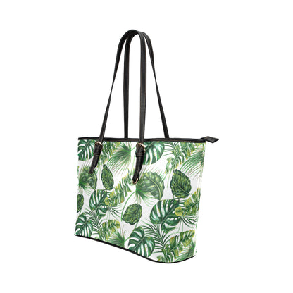 Green Pattern Tropical Palm Leaves Leather Tote Bag