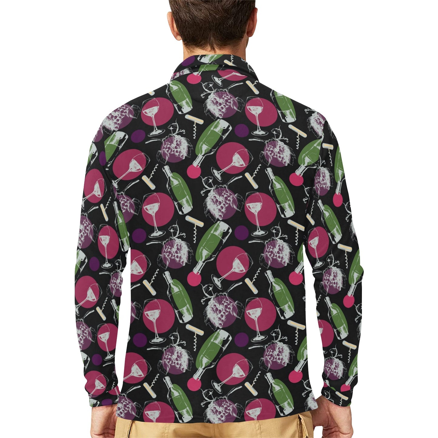 Wine Print Design LKS307 Long Sleeve Polo Shirt For Men's
