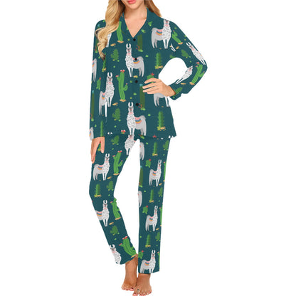 Llama Cactus Pattern Print Design 013 Women's Long Pajama Set