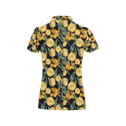 Elegant Yellow Tulip Print Women's Polo Shirt