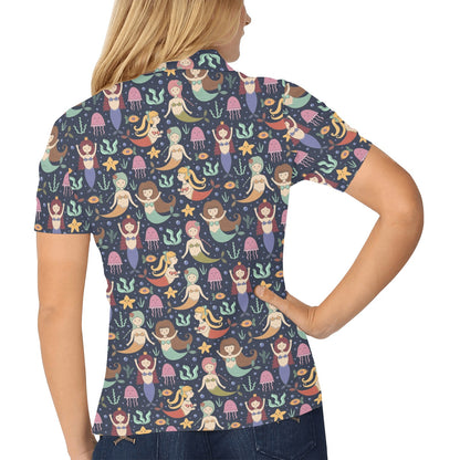 Mermaid Cartoon Pattern Print Design 03 Women's Polo Shirt