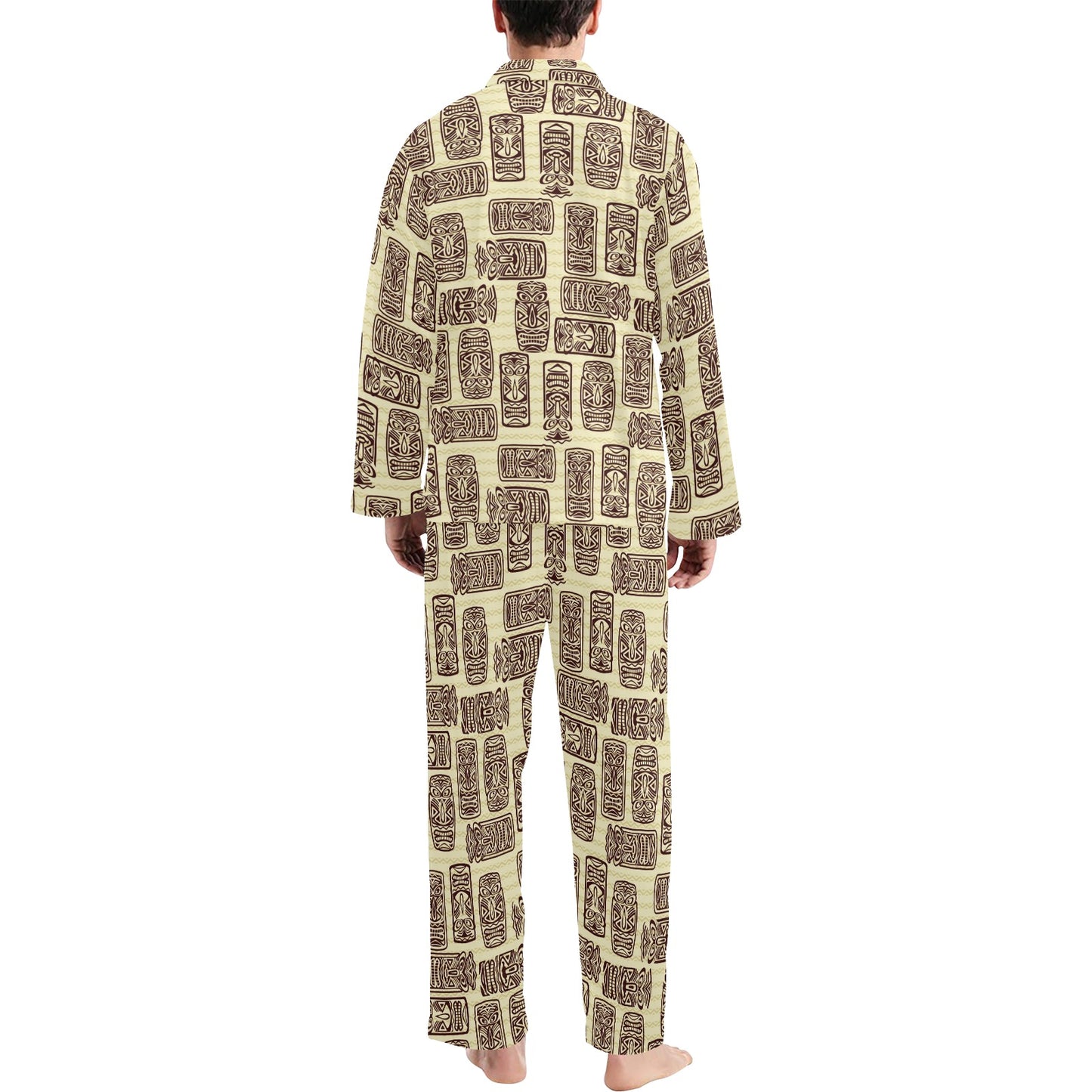 Tiki Brown Mask Print Men's Long Pajama Set