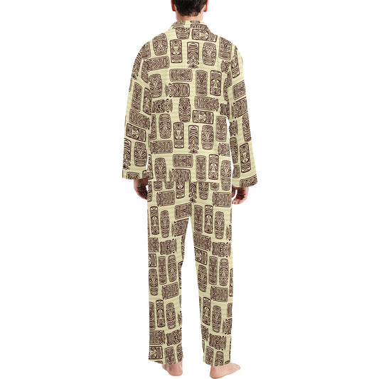 Tiki Brown Mask Print Men's Long Pajama Set