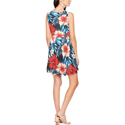 Red Hibiscus Blue Scene Sleeveless Dress