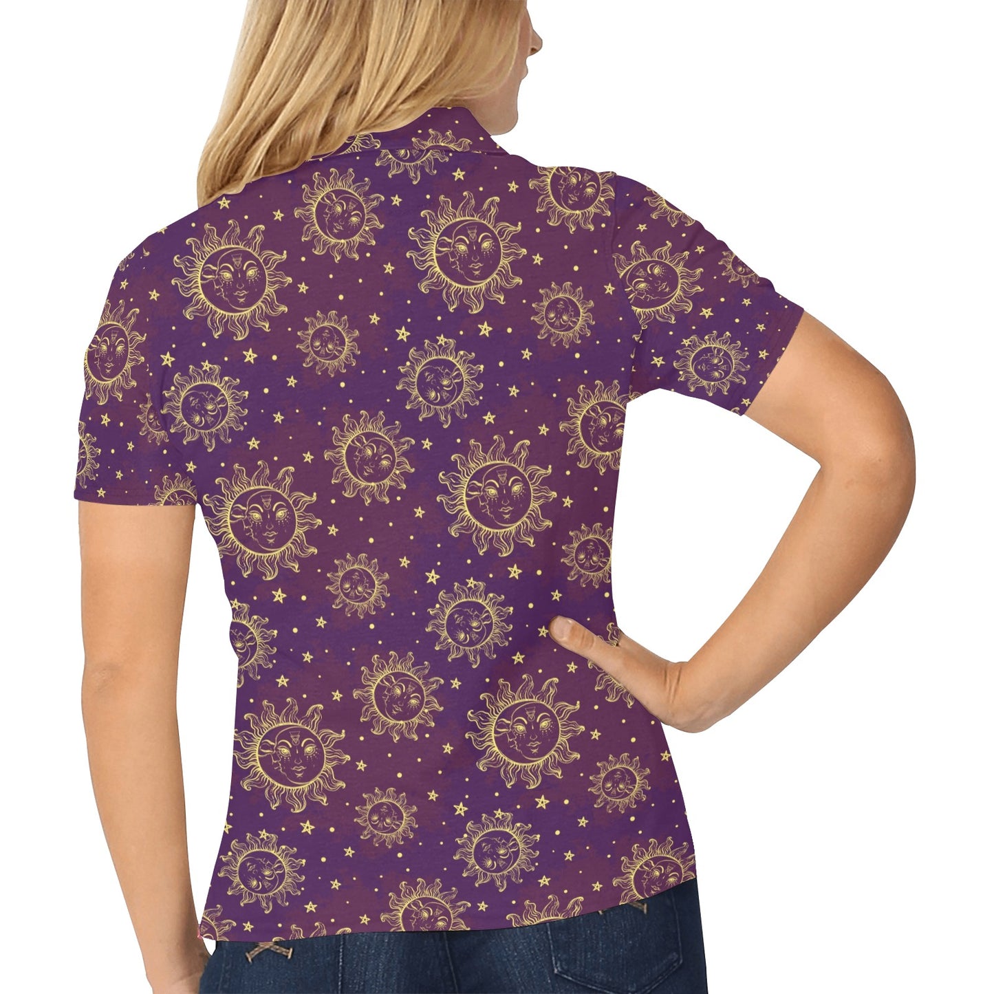 Sun Moon Star Design Themed Print Women's Polo Shirt