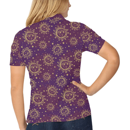 Sun Moon Star Design Themed Print Women's Polo Shirt