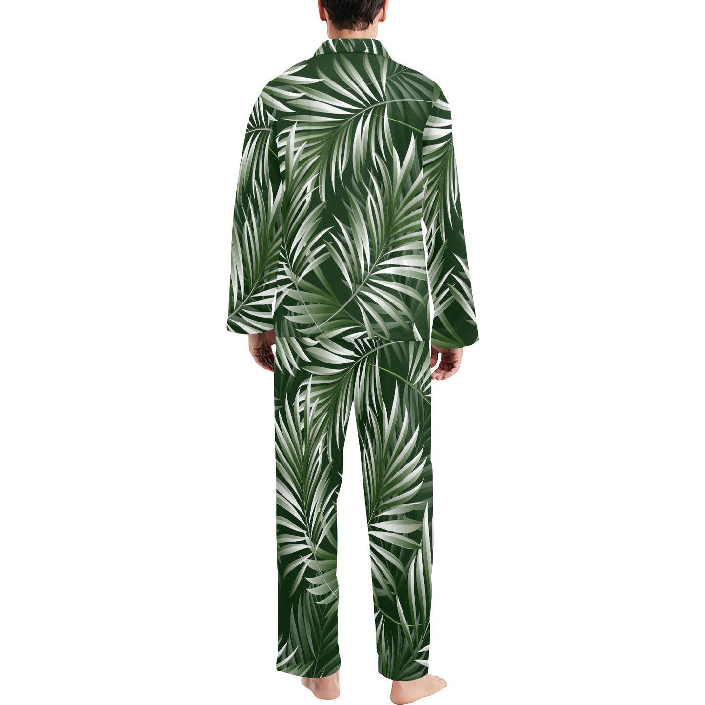 White Green Tropical Palm Leaves Men's Long Pajama Set