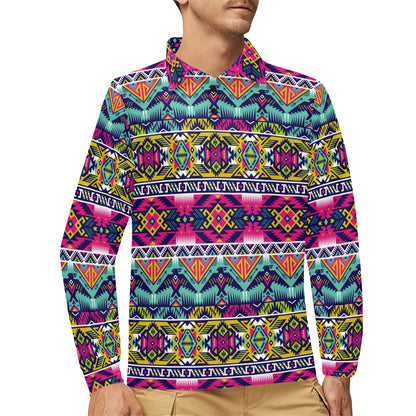 Indian Navajo Color Themed Design Print Long Sleeve Polo Shirt For Men's