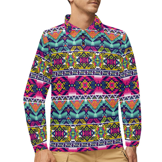 Indian Navajo Color Themed Design Print Long Sleeve Polo Shirt For Men's