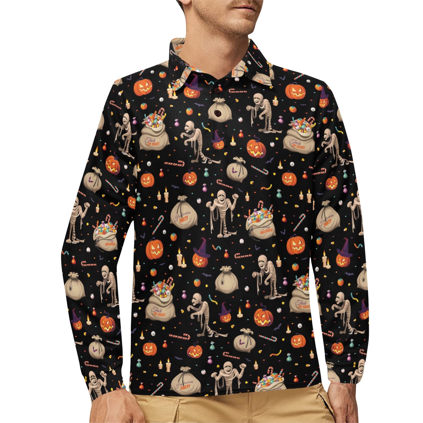 Mummy Halloween Print Design LKS303 Long Sleeve Polo Shirt For Men's