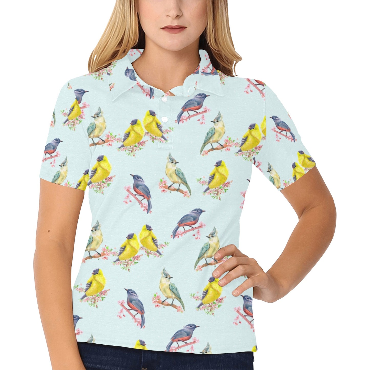 Bird Sweet Themed Print Pattern Women's Polo Shirt