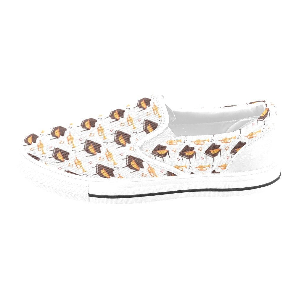 Piano Print Design LKS406 White Slip Ons Canvas Women's Shoes