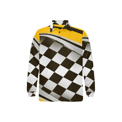 Checkered Flag Racing Style Long Sleeve Polo Shirt For Men's