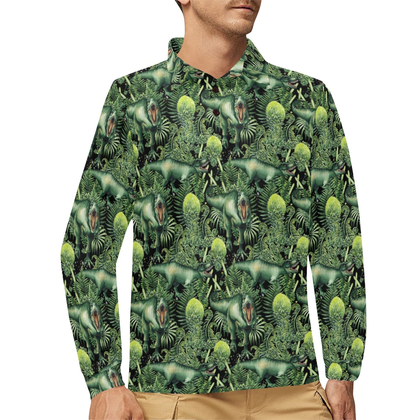 Dinosaur T Rex Print Pattern Long Sleeve Polo Shirt For Men's