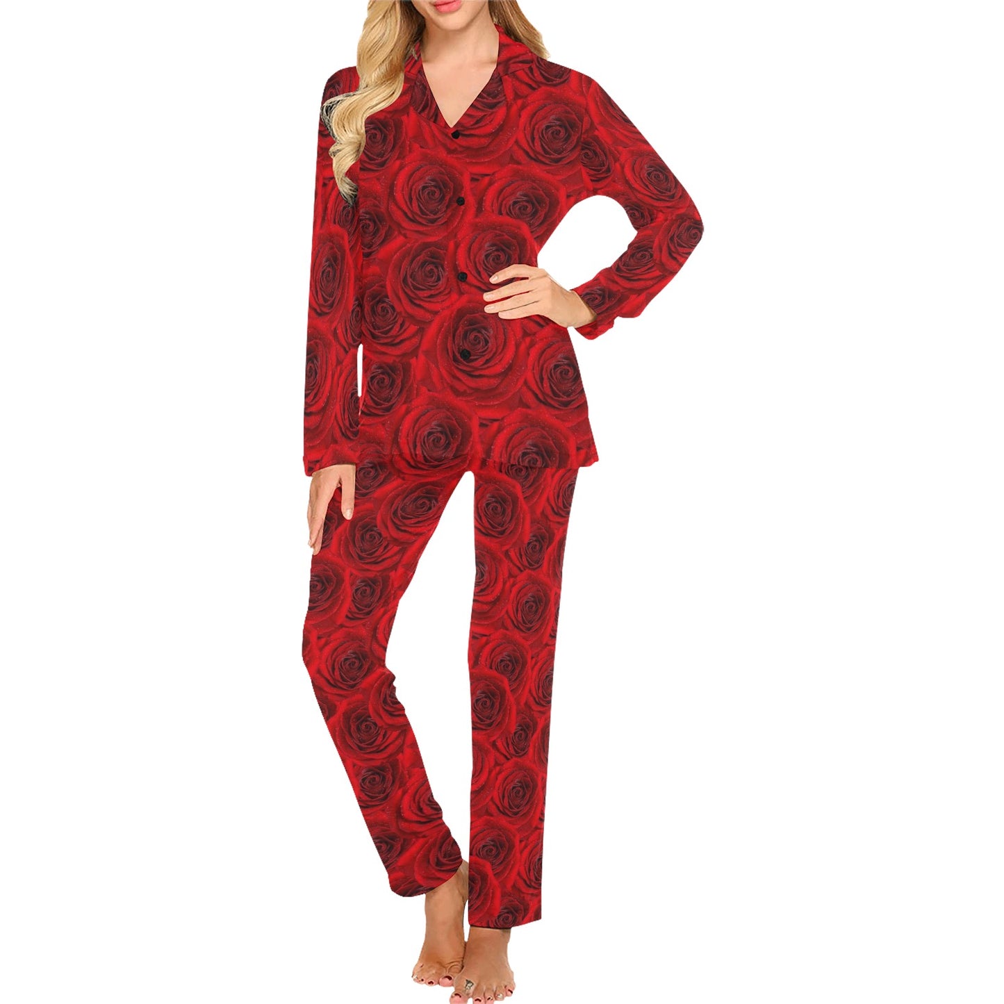 Rose Red Pattern Print Design RO04 Women's Long Pajama Set