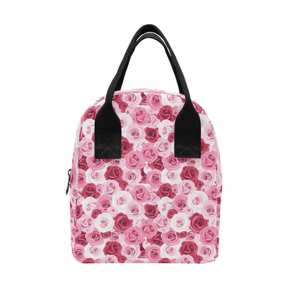 Pink Red Rose Pattern Print Insulated Lunch Bag