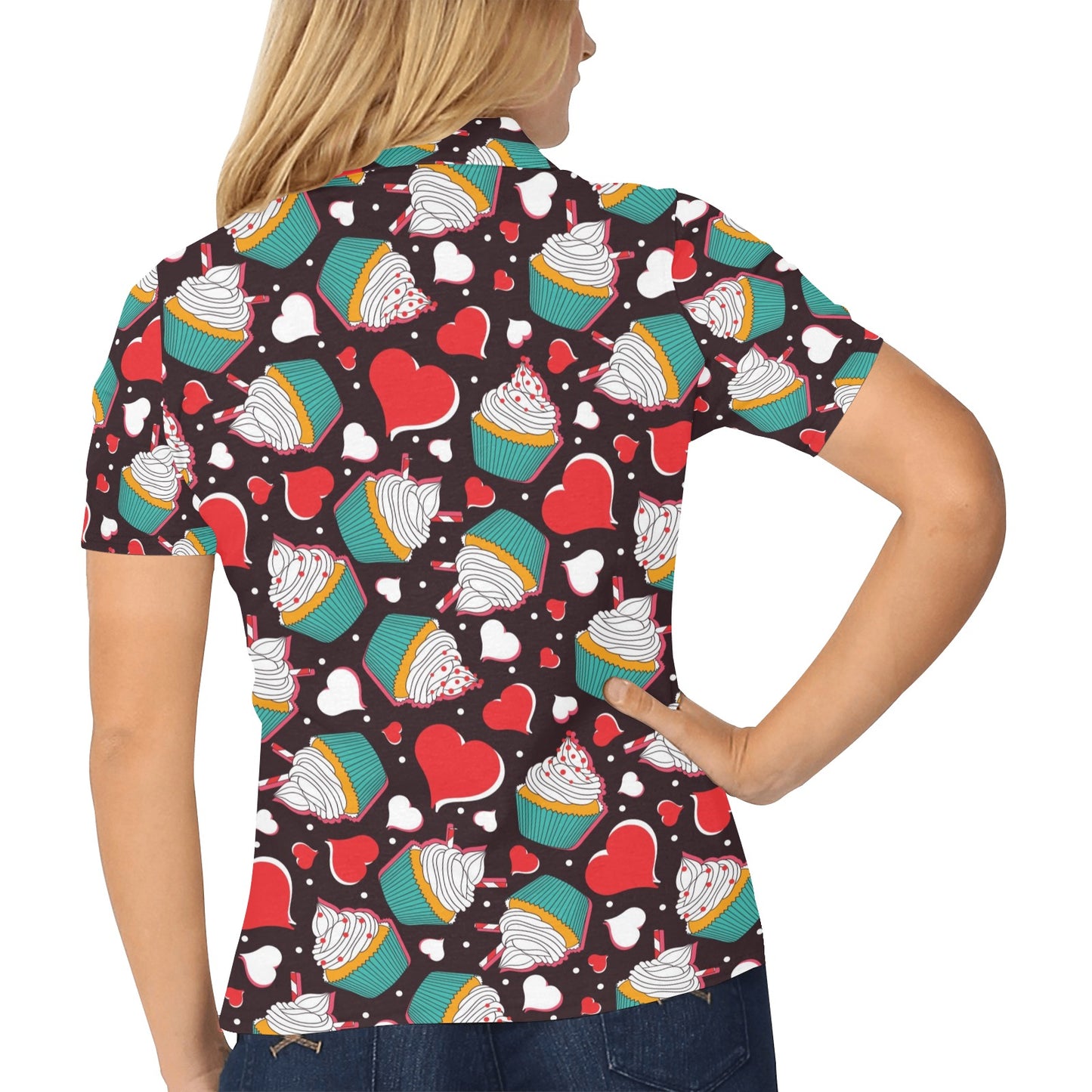 Cupcakes Heart Print Pattern Women's Polo Shirt