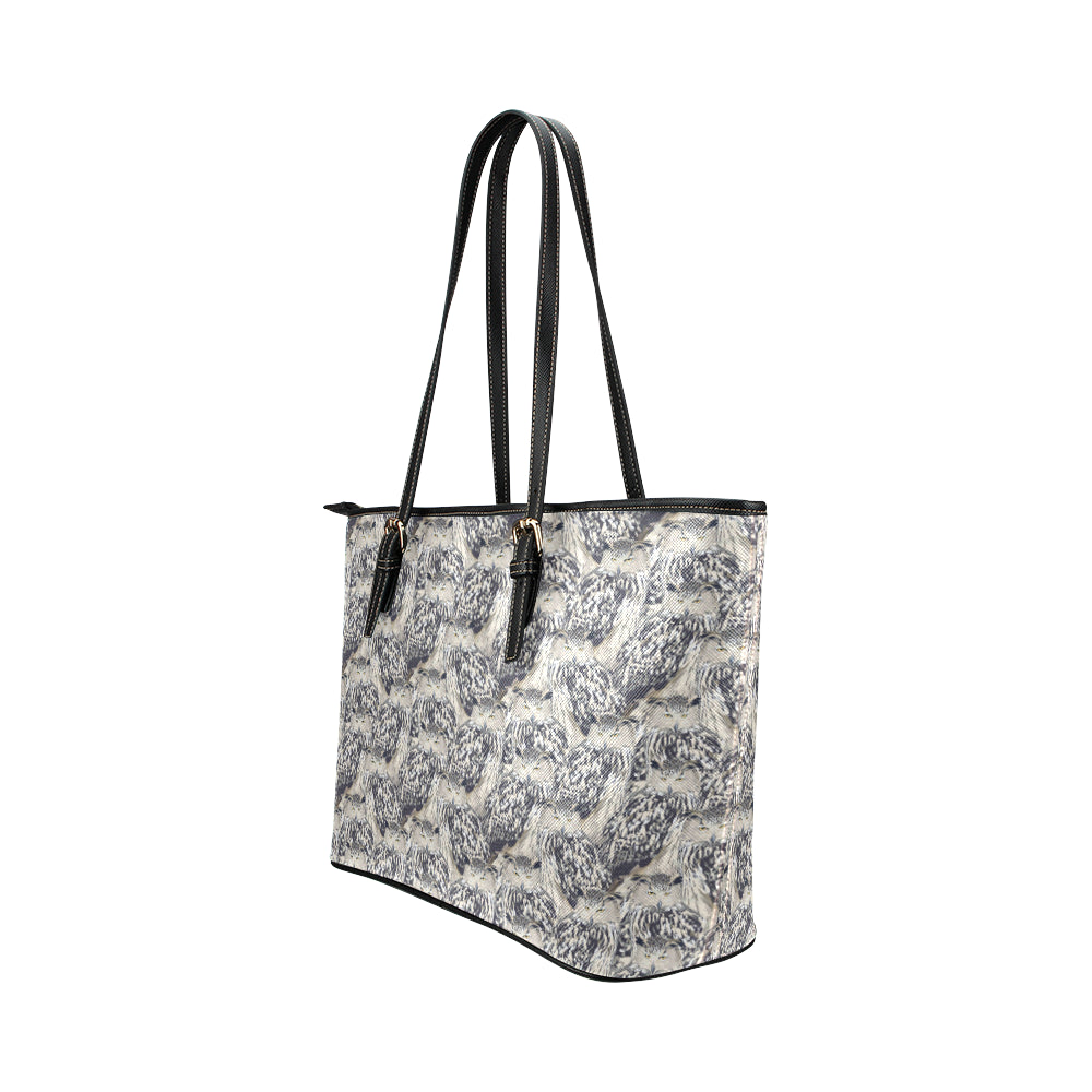 Owl Realistic Themed Design Print Leather Tote Bag