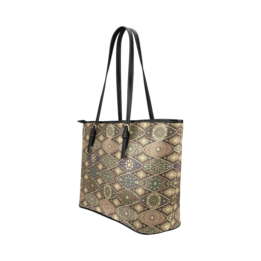 Mandala Motif Themed Design Print Leather Tote Bag