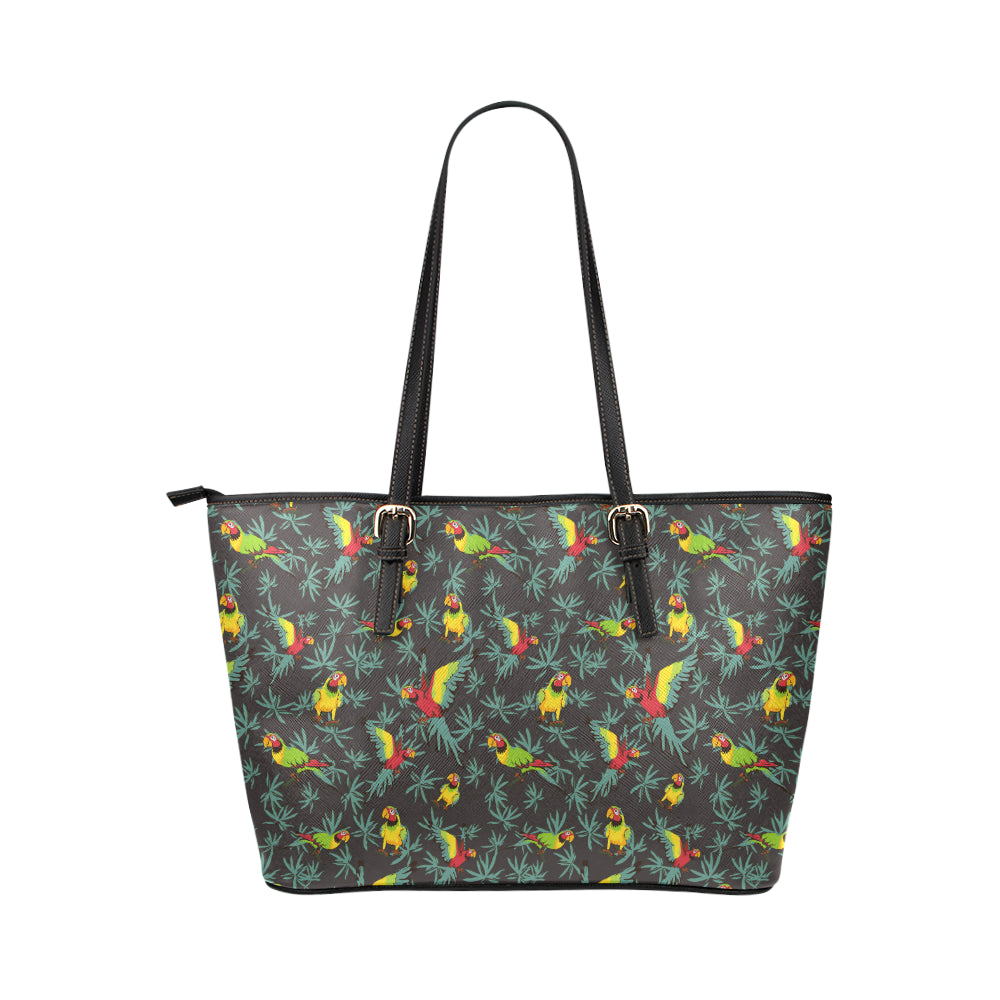 Parrot Themed Print Leather Tote Bag