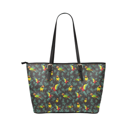 Parrot Themed Print Leather Tote Bag