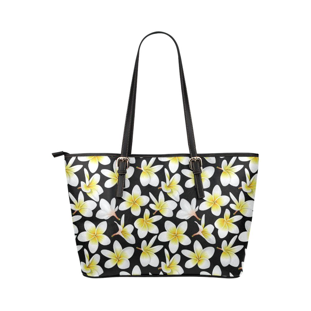 Yellow Plumeria Hawaiian Flowers Leather Tote Bag