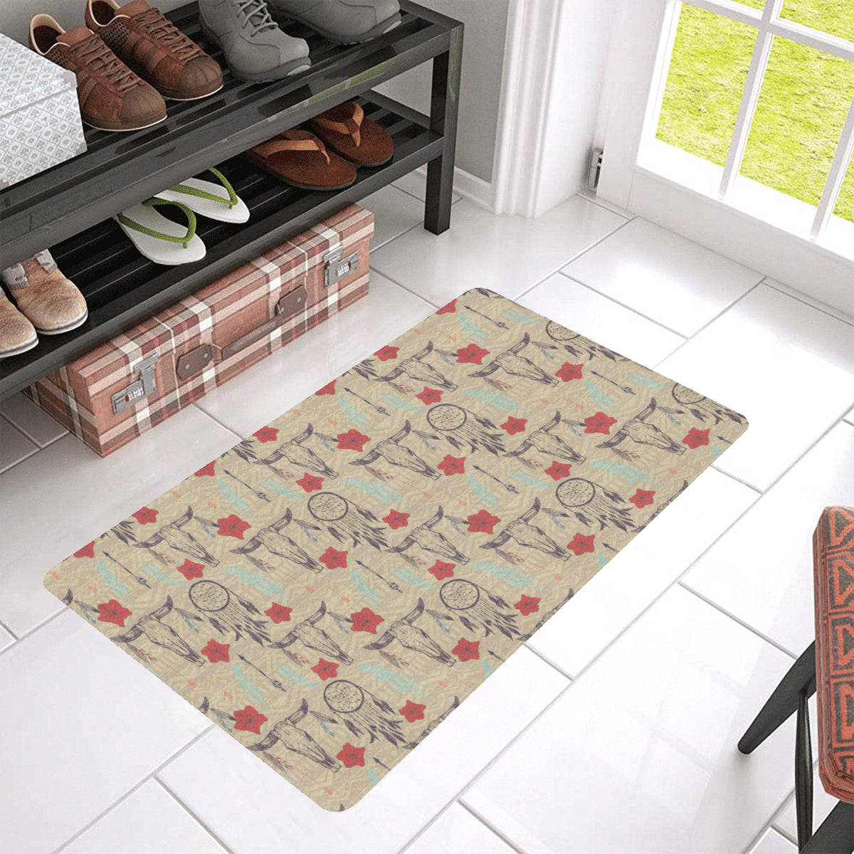 Native Buffalo Head Themed Design Print Rubber Doormat